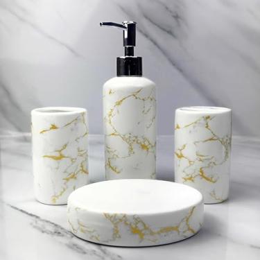 Imagem de Kit Banheiro Lavabo Marmorizado em Cerâmica 4 Peças Porta Sabonete Líquido Saboneteira Porta Escova e Algodão – Elegância e Organização para seu Banheiro (Dourado)