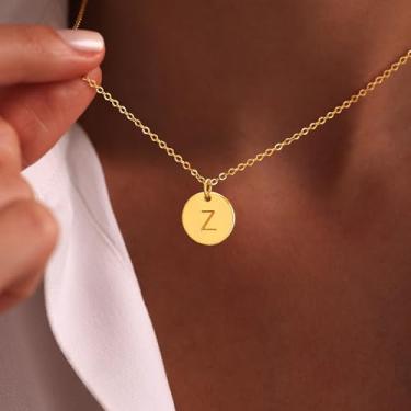 Imagem de Colar feminino com inicial de ouro, banhado a ouro 14K, feito à mão, com pingente de moeda, joia, Medium, Latão, Sem Pedra Preciosa