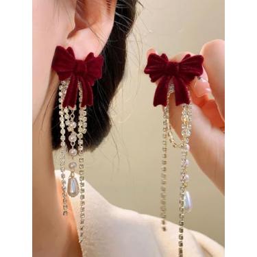 Imagem de Brincos de nó de veludo vermelho doce elegante borla longa brincos para mulheres outono inverno dia dos namorados mãe mãe presente de dia das mães, Medium, Latão, Sem pedra preciosa
