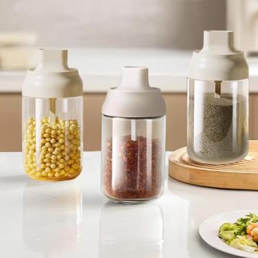 Imagem de Frascos de especiarias com tampas de colher, conjuntos de recipientes de sal, açúcar e café, recipientes de tempero de vidro, caixa para sais de balcão de cozinha, açúcar, pimenta, tempero, molho