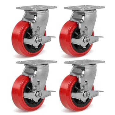 Imagem de LONGRUNFORU Rodízios resistentes de 12 cm - carga de 362 kg cada, roda de poliuretano e garfo de aço galvanizado - conjunto de 4 rodas industriais para equipamentos de fábrica, carrinhos, 4 rodízios