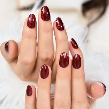 Imagem de Unhas ovais com glitter vermelho escuro, unhas falsas curtas de Natal, kit de unhas reutilizáveis com abas adesivas de cola, mini lixa de unha, kit de 24 peças, presente feminino e feminino