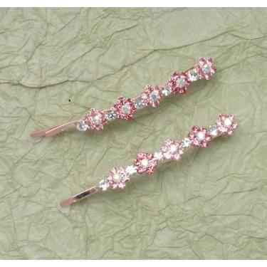 Imagem de 2 peças de broche de strass com flor pequena 5 x 2 cm de cristal de metal bonito acessórios para mulheres Halloween Natal tema casamento decoração de cabelo suprimentos (rosa)