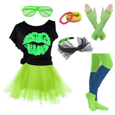 Imagem de FUNDAISY Acessórios de fantasia Gilrs anos 80, vestido para fantasia para artigos de festa temática dos anos 80 (8 a 10 anos, estilo e 2 verdes)