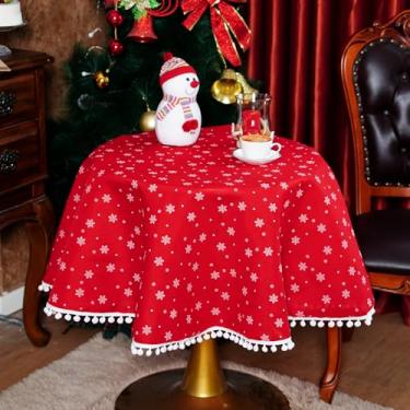 Imagem de SUTAVIA Toalha de mesa de Natal de tecido vermelho, boho, pompom, borla, árvore verde, brilhante, decoração retangular, capa de mesa para mesa de jantar de festa de inverno (neve de Natal, 152 cm
