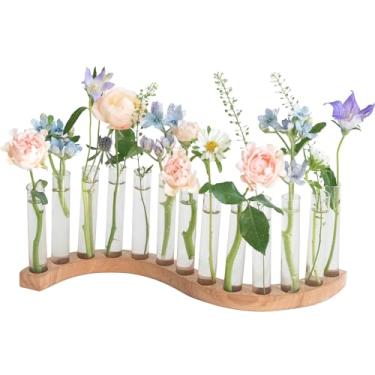 Imagem de Vasos de tubo de ensaio para flores, estação de propagação de plantas pequenas, terrário de plantas em forma de S com suporte de madeira (Faia maciça)