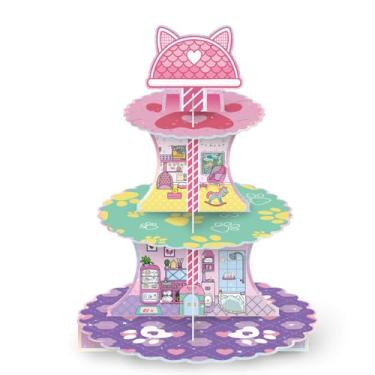 Imagem de Suporte de cupcake rosa de 3 camadas, torre de cupcake, decorações de festa de gatos, suporte de sobremesa, tema de desenho animado, suporte de sobremesa para crianças, meninas, artigos de festa de