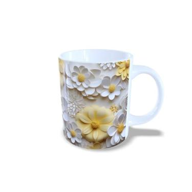 Imagem de Caneca de Cerâmica com Estampa Floral 3D, Branca, 325ml, Design Moderno com Flores Coloridas (141333)