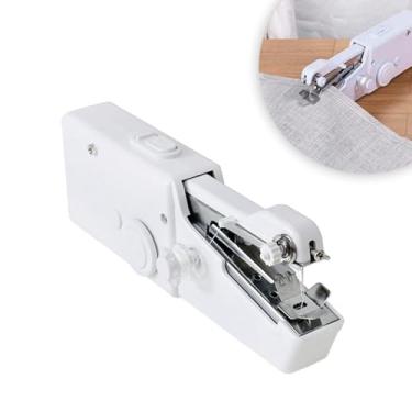 Imagem de Mini Máquina de Costura Portátil, Branca, Alimentada por Pilhas AA, 20cm x 6,5cm x 5cm, com Agulhas e Carretéis, para Tecidos e Reparos Rápidos