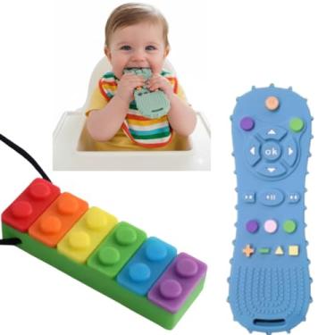 Imagem de Kit 2 Mordedor Sensorial de Silicone para Bebês – Formato Controle Remoto e Blocos Coloridos | Alívio da Dentição, Estímulo Tátil e Motor | Livre de BPA e Seguro para Mastigar