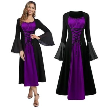 Imagem de Fantasia feminina renascentista, vestido medieval com mangas de trompete, vestido renascentista irlandês para Halloween (roxo, 3GG)