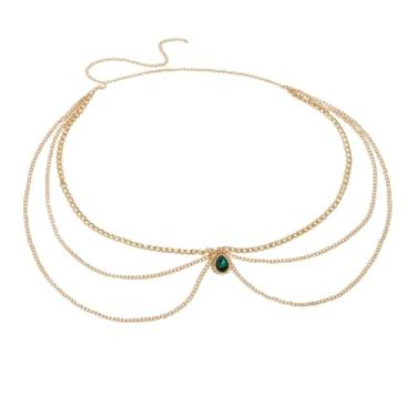 Imagem de Cinto de corrente de metal dourado em várias camadas com pingente de cristal verde e turquesa boho estilo suéter estilo vintage cinto de corrente para mulheres, Large, Metal, Cristal Turquesa