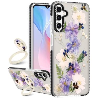 Imagem de Boaretiu Capa fofa Kawaii para Samsung Galaxy A14 5G com suporte - Design de suporte de anel giratório adesivo de 360° para mulheres meninas e meninas para Samsung Galaxy A14 5G, flor roxa
