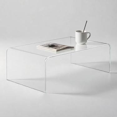 Imagem de Mesa de centro grossa de acrílico para sala de estar. Mesa de canto retangular e transparente minimalista moderna de 99 cm. Bordas arredondadas fáceis de limpar e seguras (100 cm L x 50 cm P x 35 cm A