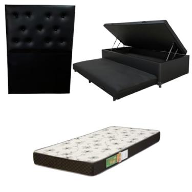 Imagem de Cama Box Baú Solteiro com Auxiliar (Bicama) + Colchão Solteiro Espuma D20 12cm | Kit Completo com Cabeceira Botonê Opcional | Diversas Cores (3, CORINO PRETO, COM CABECEIRA)