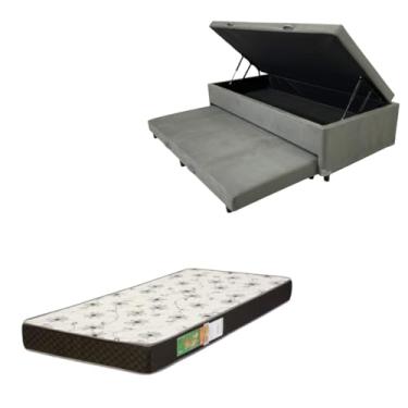 Imagem de Cama Box Baú Solteiro com Auxiliar (Bicama) + Colchão Solteiro Espuma D20 12cm | Kit Completo com Cabeceira Botonê Opcional | Diversas Cores (2, SUEDE CINZA, SEM CABECEIRA)