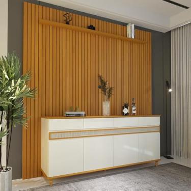 Imagem de Painel Ripado 229cm com Buffet 4 Portas 4 Gavetas 184cm - Off White e Cedro