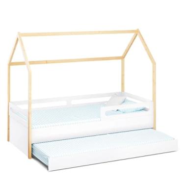 Imagem de Cama Montessoriana Casinha com Cama Auxiliar Tivoli Divicar em MDF e Madeira Maciça com Grades de Proteção e Pintura UV Atóxica (Branco/Natural)