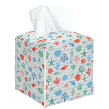 Imagem de Capa quadrada de caixa de lenços de corais e conchas, suporte de caixa de lenços decorativo para quarto, banheiro, cozinha, escritório, bancada, organizador de papel facial de couro -16