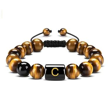 Imagem de Guz Pulseira com iniciais A-Z 10 mm Natural Preto Ônix Olho de Tigre Pulseira de Corda Trançada para Homens Pulseira de Letra (C)