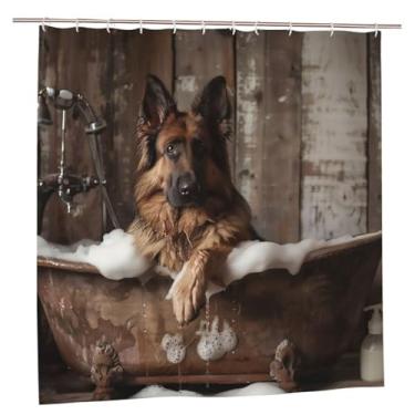 Imagem de WYLJY Cortina de chuveiro de pastor alemão tomando banho, cortina de banho 183 cm L x 183 cm C para decoração de banheiras de banheiro com ganchos