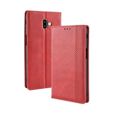 Imagem de Capa para Samsung Galaxy J6 PLUS,Retro Flip magnético,Caso de telefone de couro PU,Design de carteira com 3 slots de cartão e 1 clipe de dinheiro -Red