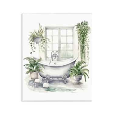 Imagem de Stupell Industries Arte de placa de parede para banheira e janela de vegetação exuberante, design por Lettered and Lined, 14 x 11