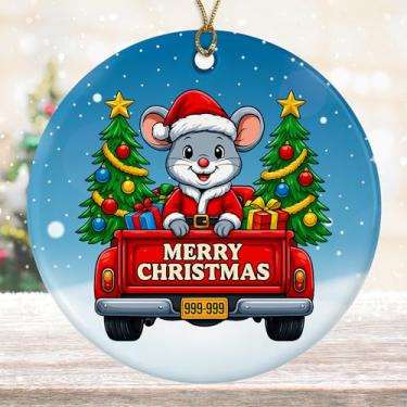 Imagem de DamienBrightGift Enfeite de Natal de Papai Noel com mouse - Caminhão vermelho de cerâmica com decoração de árvore - Presente engraçado de lembrança de feriado de animais pequenos - Decoração de Natal
