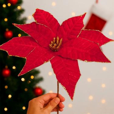 Imagem de Flores Artificial Camurça Enfeite Árvore Natal 30cm Kit 8pçs