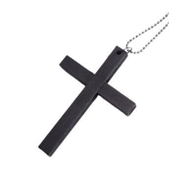 Imagem de Lavaarite Colar com pingente de cruz de madeira - joia religiosa cristã com contas pretas para mulheres e homens, presentes de batismo ajustável, colar de oração para crentes, Large, Madeira, Sem