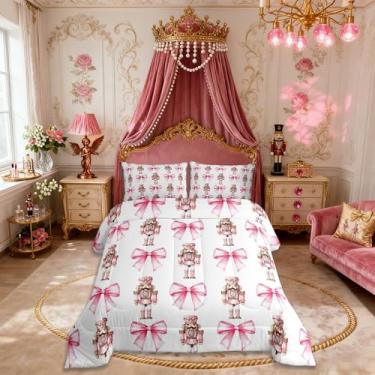 Imagem de Conjunto de edredom infantil com laço fofo, tamanho queen, quebra-nozes, decoração de quarto de meninas e meninos, edredom moderno de inverno, Natal, Natal, conjunto de edredom, rosa e branco, 2