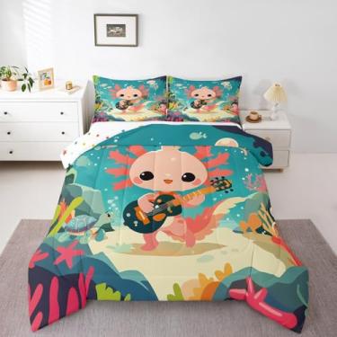 Imagem de Jogo de edredom kawaii, solteiro, animais marinhos náuticos, verde coral, planta botânica, para crianças, meninas, meninos, caminhada, peixe, salamandra, para decoração de quarto kawaii