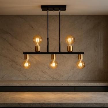 Imagem de Luminária de Teto Lustre Pendente Tugson 5 Lâmpadas Industrial (Estilo Jabuticaba) (Preto/Dourado Verniz)