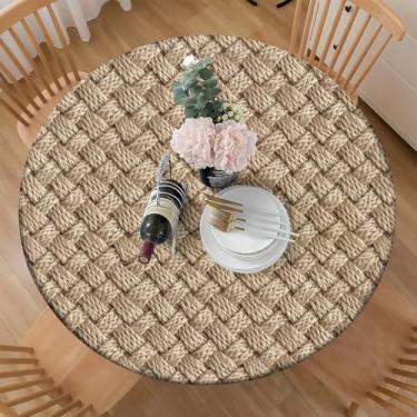 Imagem de COKCOKR Toalha de mesa redonda de tecido de poliéster, toalha de mesa com textura de juta natural bege trançada, lavável para cozinha, jantar, festa ao ar livre, piquenique, banquete de casamento
