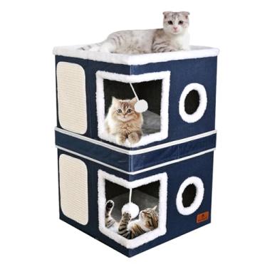 Imagem de Casa para gatos de 2 andares para ambientes internos, cama de caverna para gatos de dupla finalidade com almofada para arranhões e bola fofa, esconderijo dobrável para gatos, móveis de condomínio para