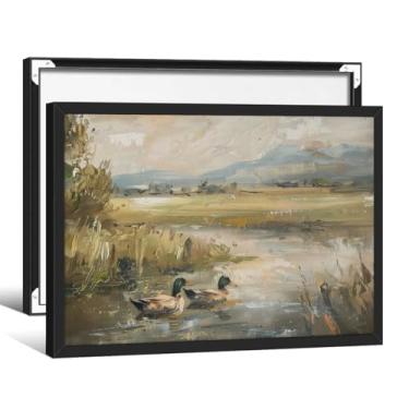 Imagem de Pôster de Pato Mallard Pato Pato Animal Tela Arte de Parede Pintura de Pato Vintage Pintura a Óleo 30,5 x 40,6 cm Preto Emoldurado Caçador de Pássaros Presente para Decoração de Parede de Quarto de