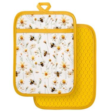 Imagem de Slohif Conjunto de 2 suportes de panela 100% algodão – Flores brancas e abelhas resistentes ao calor, almofadas quentes para forno para bancada, cozimento em casa e micro-ondas