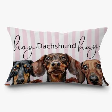 Imagem de Exqcom Capas de travesseiro Dachshund 30 x 50, presentes para amantes de dachshund, decoração de casa de cachorro, salsicha engraçada, Weiner, rosa, listrada, para casa, sala de estar, quarto