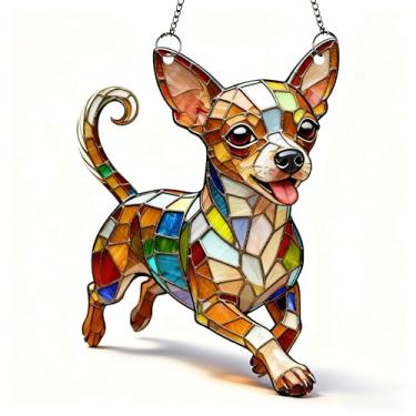 Imagem de Enfeite de acrílico para pendurar chihuahua – apanhador de sol para pendurar na janela, arte em mosaico de 15 cm, decoração de cachorro de plástico colorido, presente para amantes de chihuahua