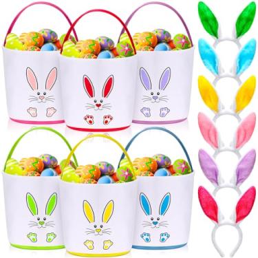 Imagem de Domensi 6 bolsas de cesta de coelhinho da Páscoa com 6 faixas de cabeça de coelho para crianças e adultos; cestas de lona para a Páscoa; 22 x 23 cm, Multicor, 9 x 8 x 3.15 inches