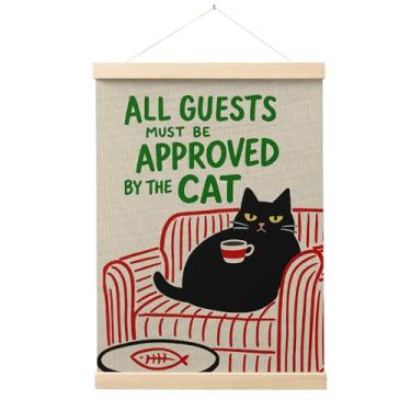 Imagem de Evcprz Moldura de pôster de arte de parede de gato preto engraçado, decoração de quarto de gato preto, gatinho gordo retrô fofo deitado no sofá para pendurar em tela, decoração de arte de parede para