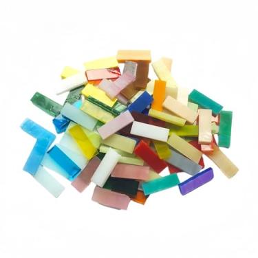 Imagem de LiFschal Vitral de mosaico retangular, vitral de vidro texturizado de 0,7 x 2,1 cm, feito à mão para artesanato faça você mesmo, decorações de casa - cerca de 140 peças, 200 g, cores mistas