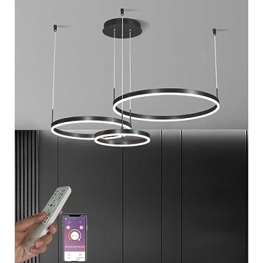 Imagem de Luminária pendente LED para sala de estar, com anel preto, dimerizável, para quarto e sala de jantar, com controle remoto. Lustre redondo em acrílico com 3 voltas, Ø20+40+60cm - 58W.