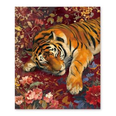 Imagem de RLTXBUK Kits de arte de diamante de tigre floral vintage, flor maximalista estética animal selvagem gema diamante kits de arte para adultos crianças iniciantes, presentes de tigre para mulheres 9,8 x