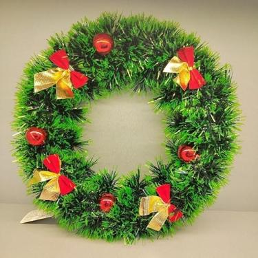 Imagem de Guirlanda Natalina Decorativa Verde, 30cm, com Laços Vermelhos e Dourados, Bolas Vermelhas, para Porta, Decoração de Natal