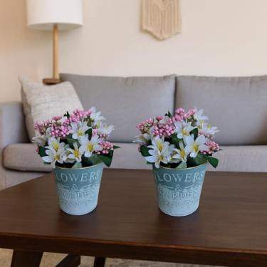 Imagem de Kit 2 Vasos Decorativos em Alumínio com Flores Artificiais, Branco e Rosa, Arranjo Floral para Casa e Escritório