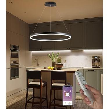 Imagem de Luminária pendente LED para sala de estar, com anel preto, dimerizável, para quarto e sala de jantar, com controle remoto. Lustre redondo em acrílico com 1 volta, Ø40cm - 32W.