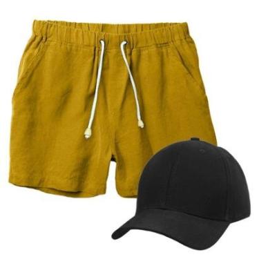 Imagem de Conjunto Short de Linho Masculino + Boné Liso Estilo Casual Básico Ideal Para o Dia a Dia-Masculino
