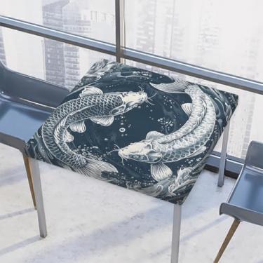 Imagem de hongjinglin Toalha de mesa quadrada para uso ao ar livre com borda elástica, capa de mesa quadrada limpável, animal, carpa, retrô, azul, para ambientes externos, ambientes internos, pátio, sala de