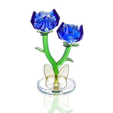 Imagem de LONGWIN Estatuetas de flor rosa azul cristal vidro primavera buquê flores com haste decoração de casa presente para namorada mulheres mãe
